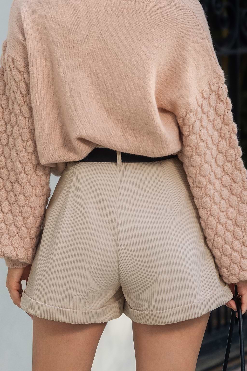 Beige Ribbed Cuffed Hem Straight Leg Shorts