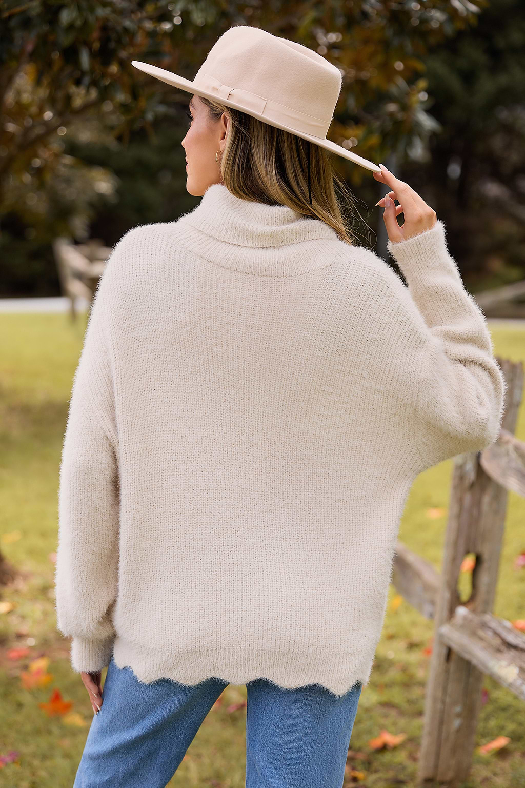 Apricot Long Sleeve Scalloped Hem Turtleneck Sweater