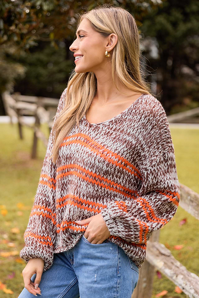 Bruine Oranje Gestreepte Lange Pofmouw Trui