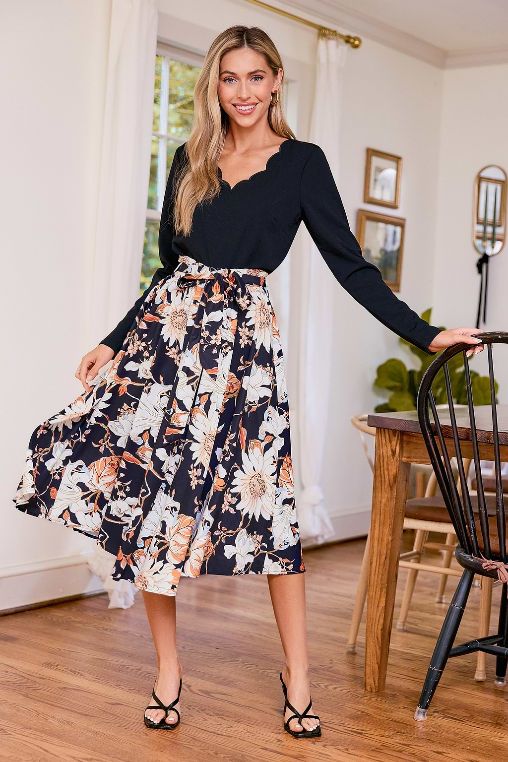 Black Scalloped V-Neck Top & Floral Skirt Midi Dress