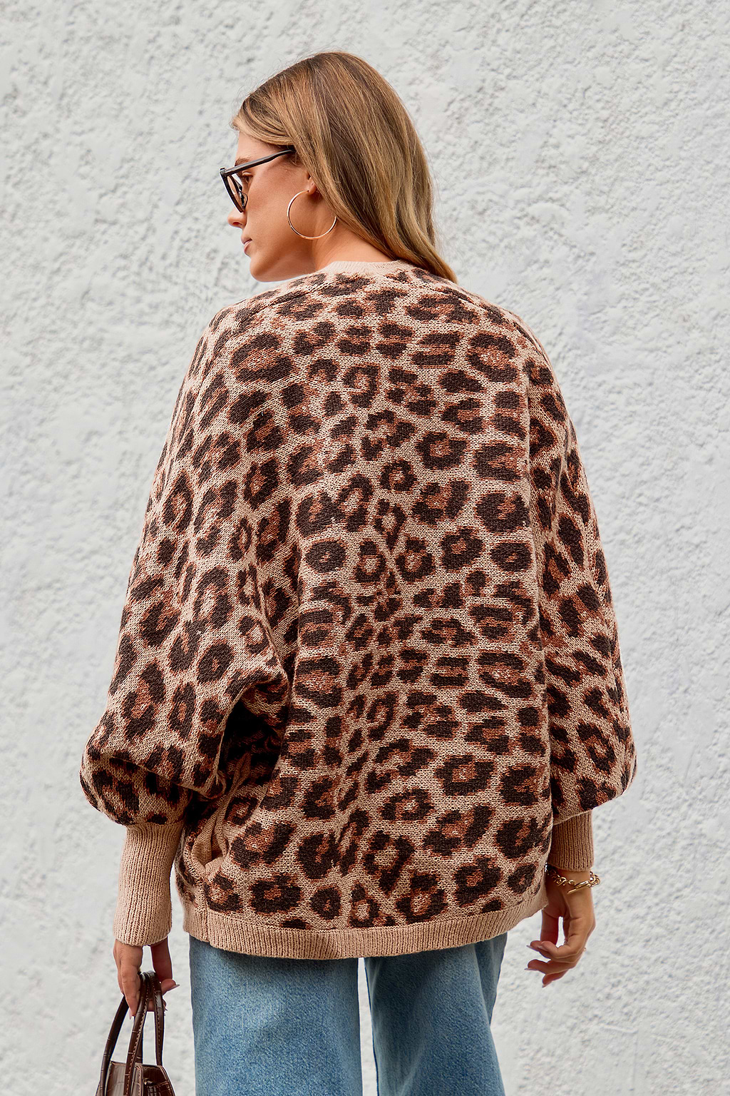 Langarm-Strickjacke mit Leopardenmuster und offener Vorderseite