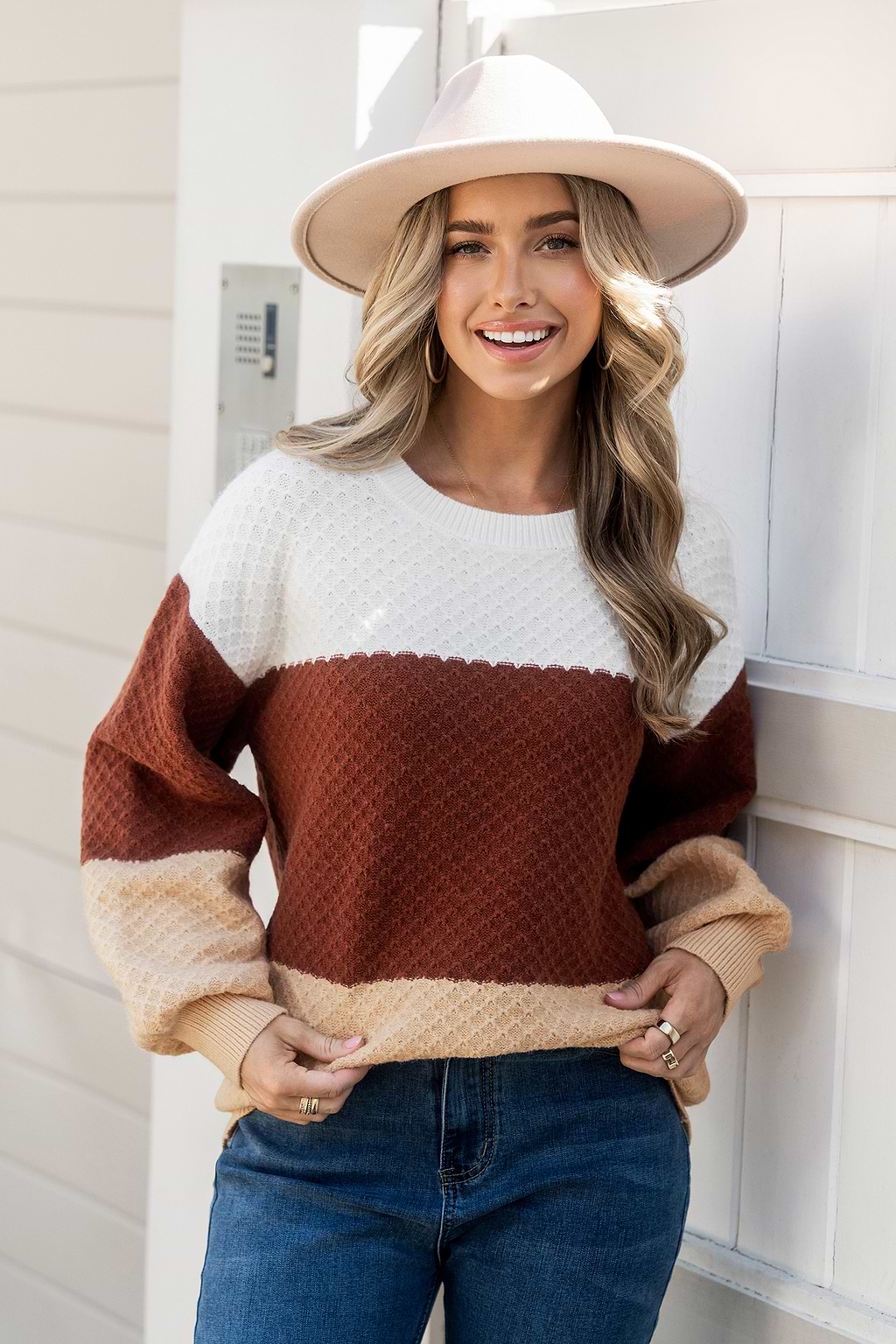 Colorblock Round Neck Long Puff Sleeve Sweater