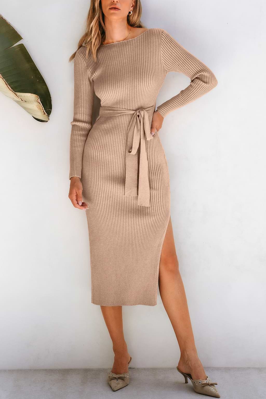 Khaki Ribbed Knit Boatneck Long Sleeve Midi Sweater Dress
