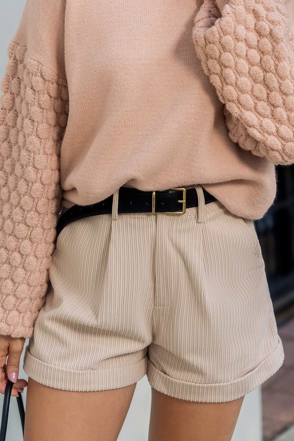 Beige Ribbed Cuffed Hem Straight Leg Shorts