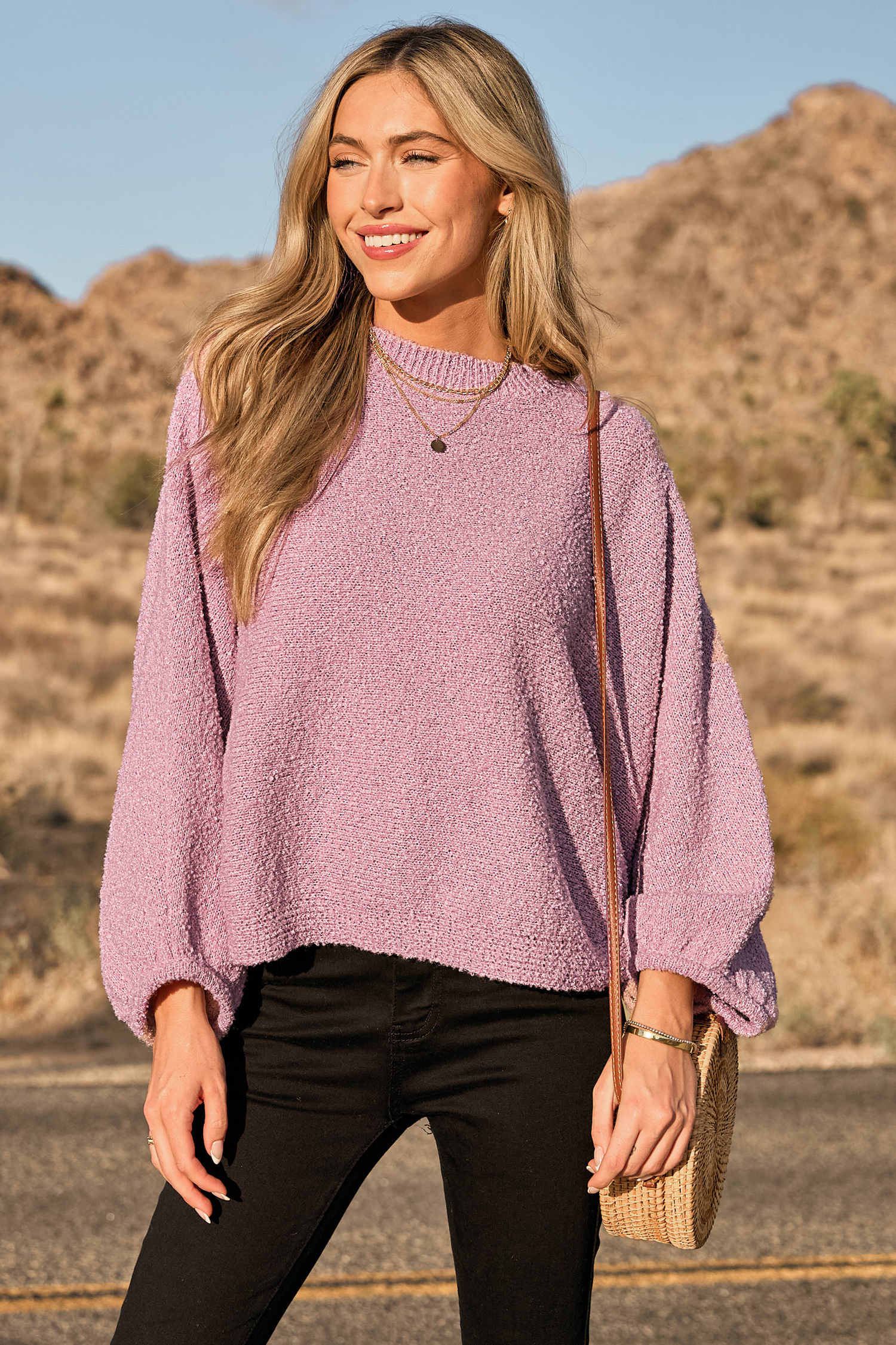 Purple Round Neck Long Sleeve Knit Top