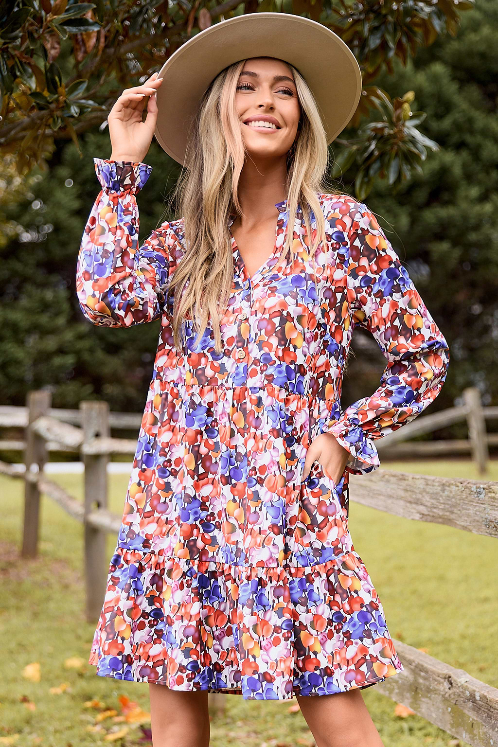 Abstract Fruit V-Neck Long Puff Sleeve Mini Dress