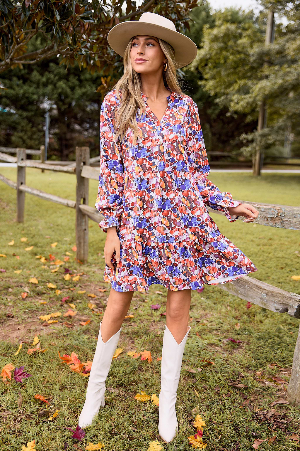 Obst-Print V-Ausschnitt-Minikleid mit langen Puffärmeln