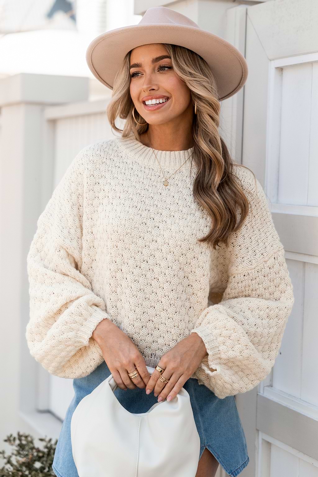 Beige Round Neck Drop Shoulder Puff Sleeve Sweater