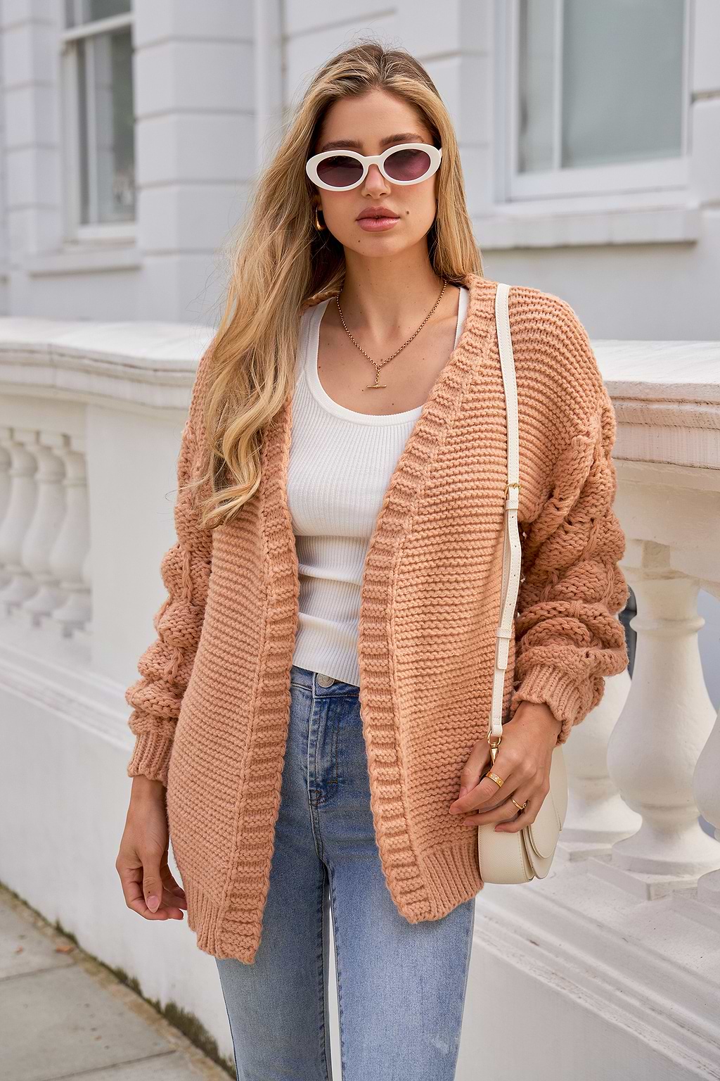 Khaki Open Front Long Sleeve Knit Cardigan