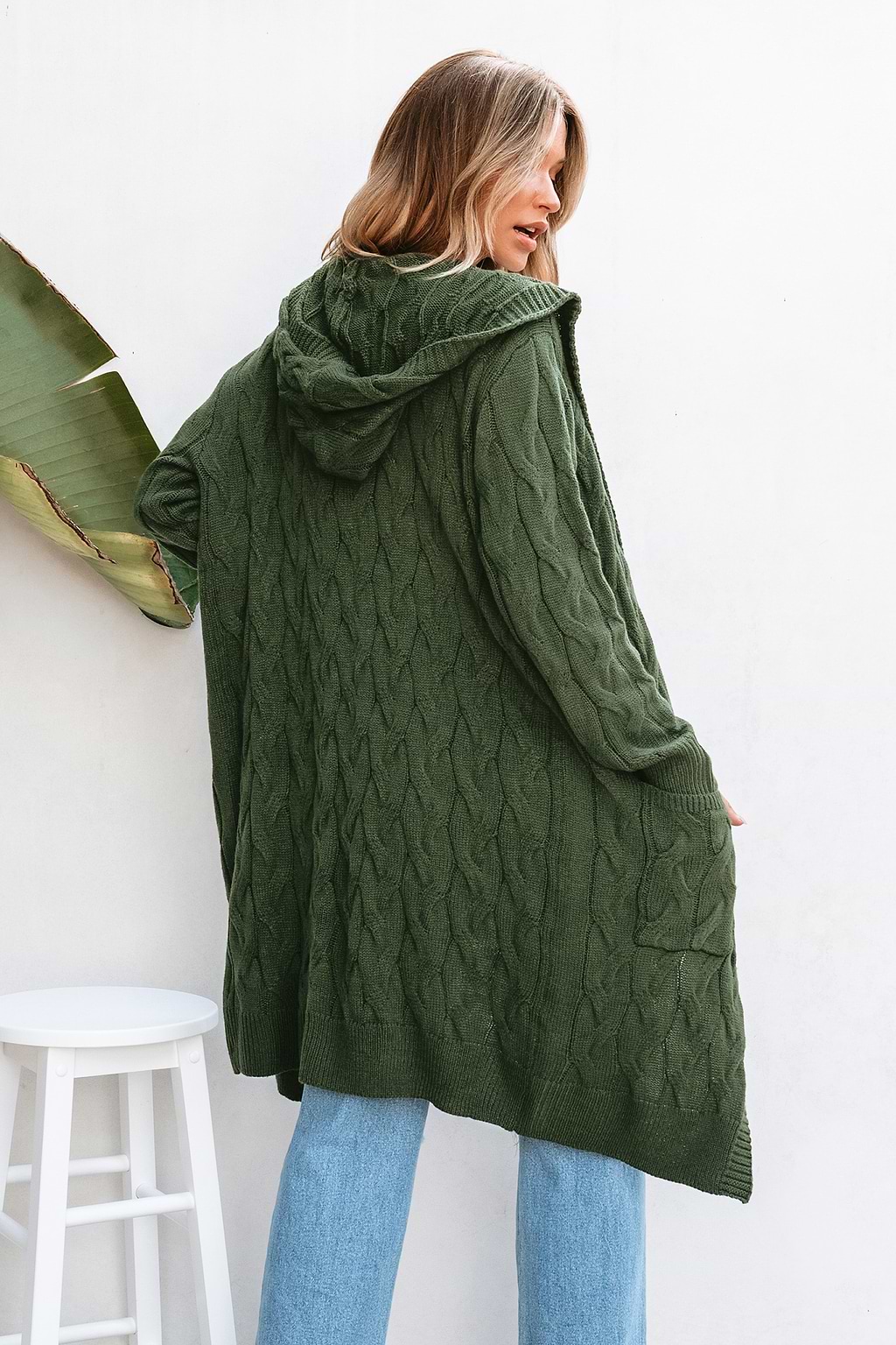 Olive Cable Knit Open Front Long Sleeve Long Cardigan