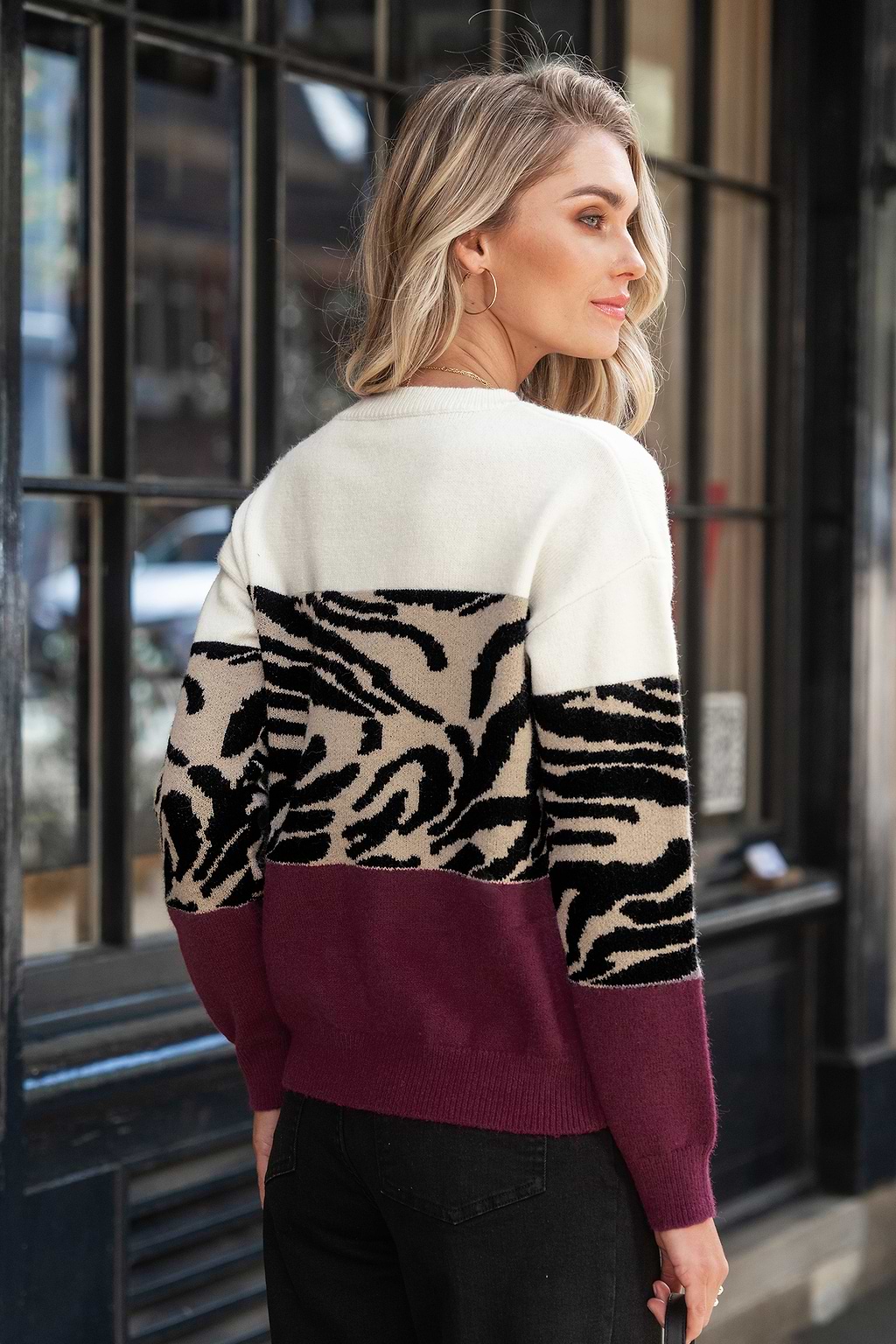 Tiger Print Colorblock Long Sleeve Sweater