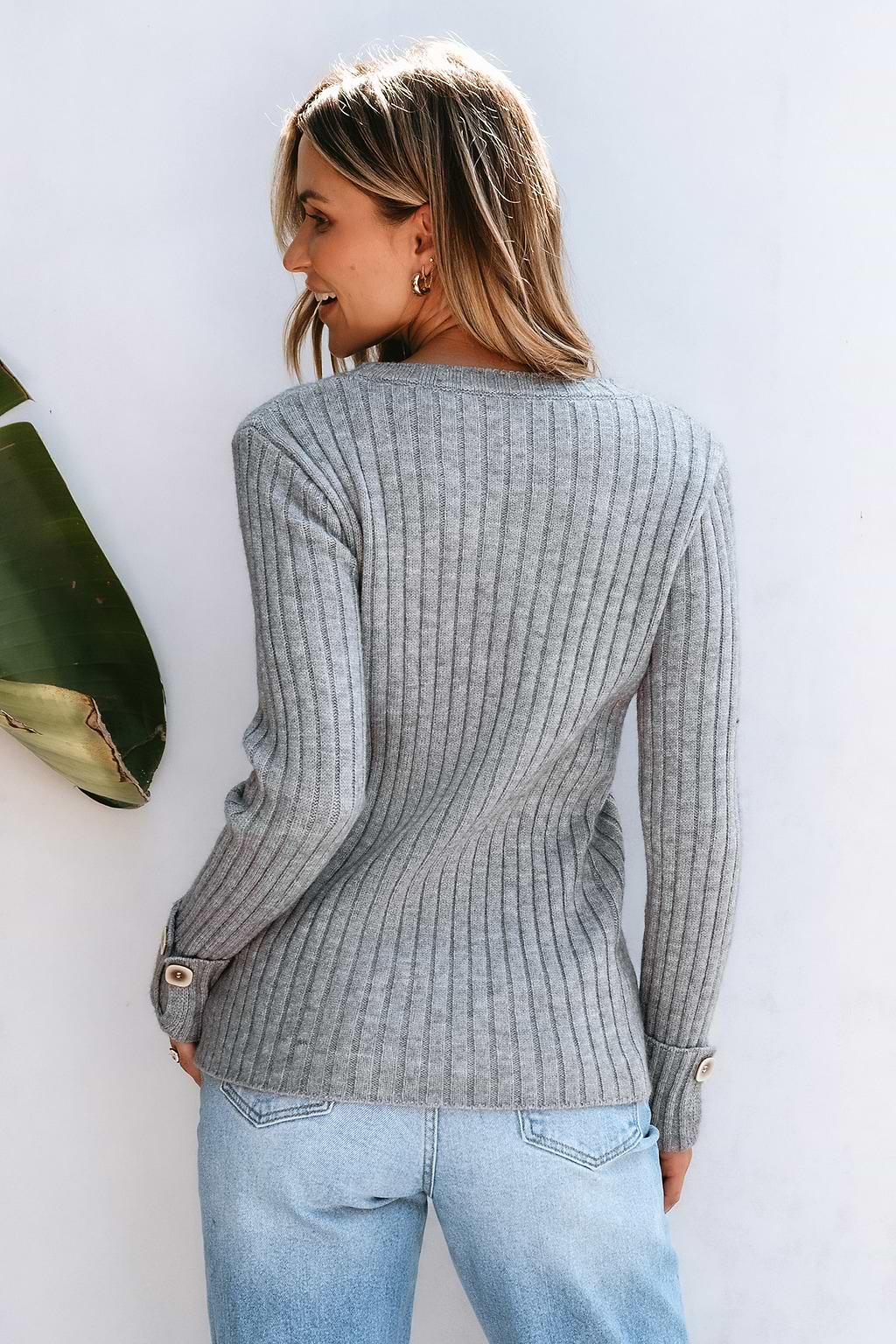Grey Ribbed Knit Long Sleeve Split Hem Sweater Top