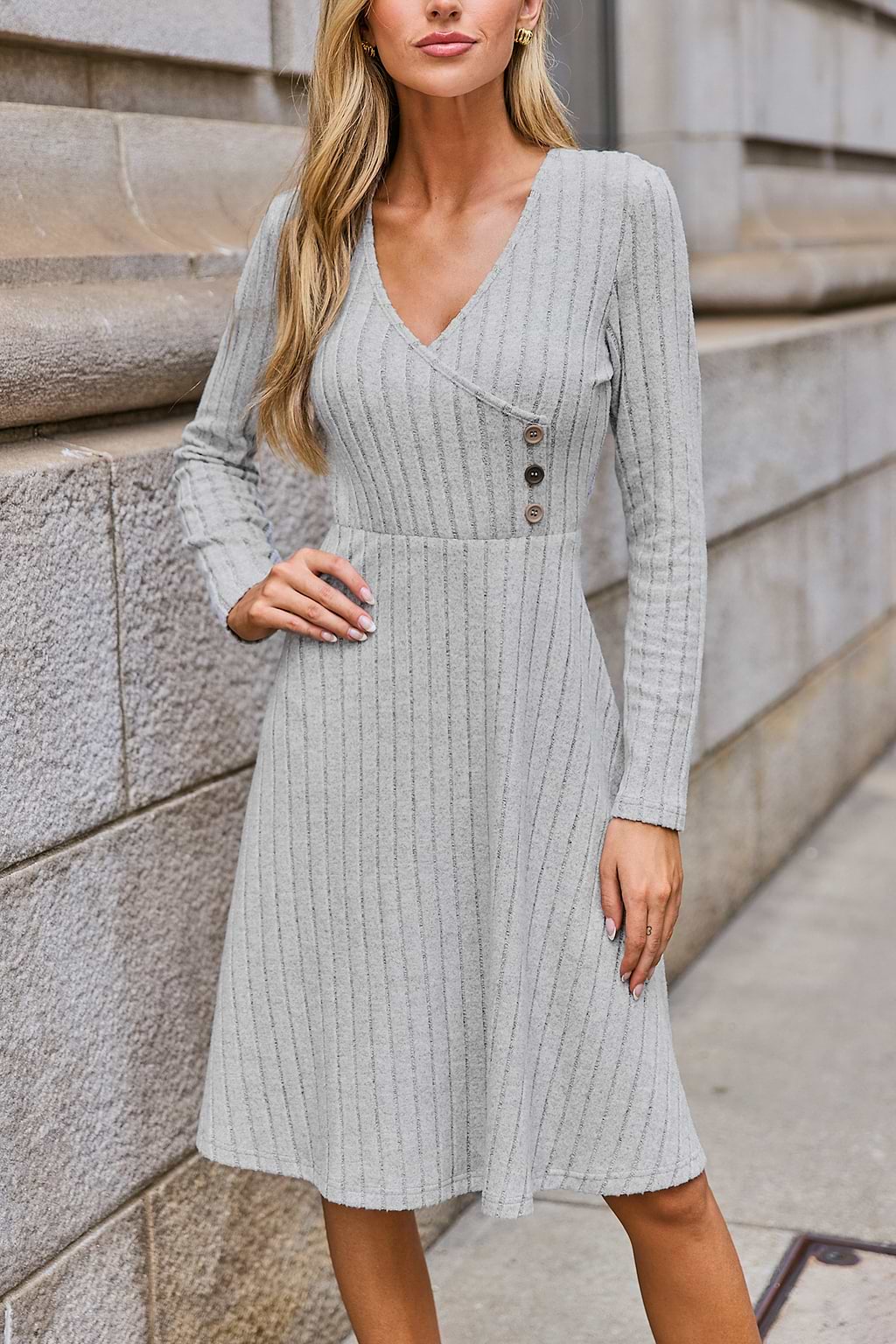 Grey Knit Surplice Long Sleeve Mini Dress