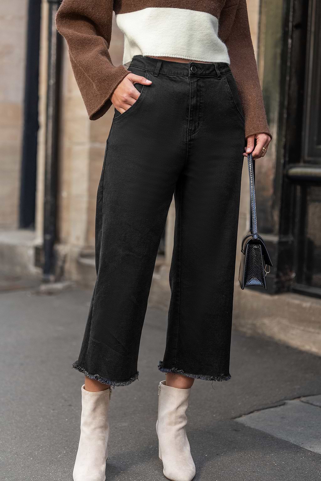 Black Denim Straight Leg Frayed Hem Cropped Jeans