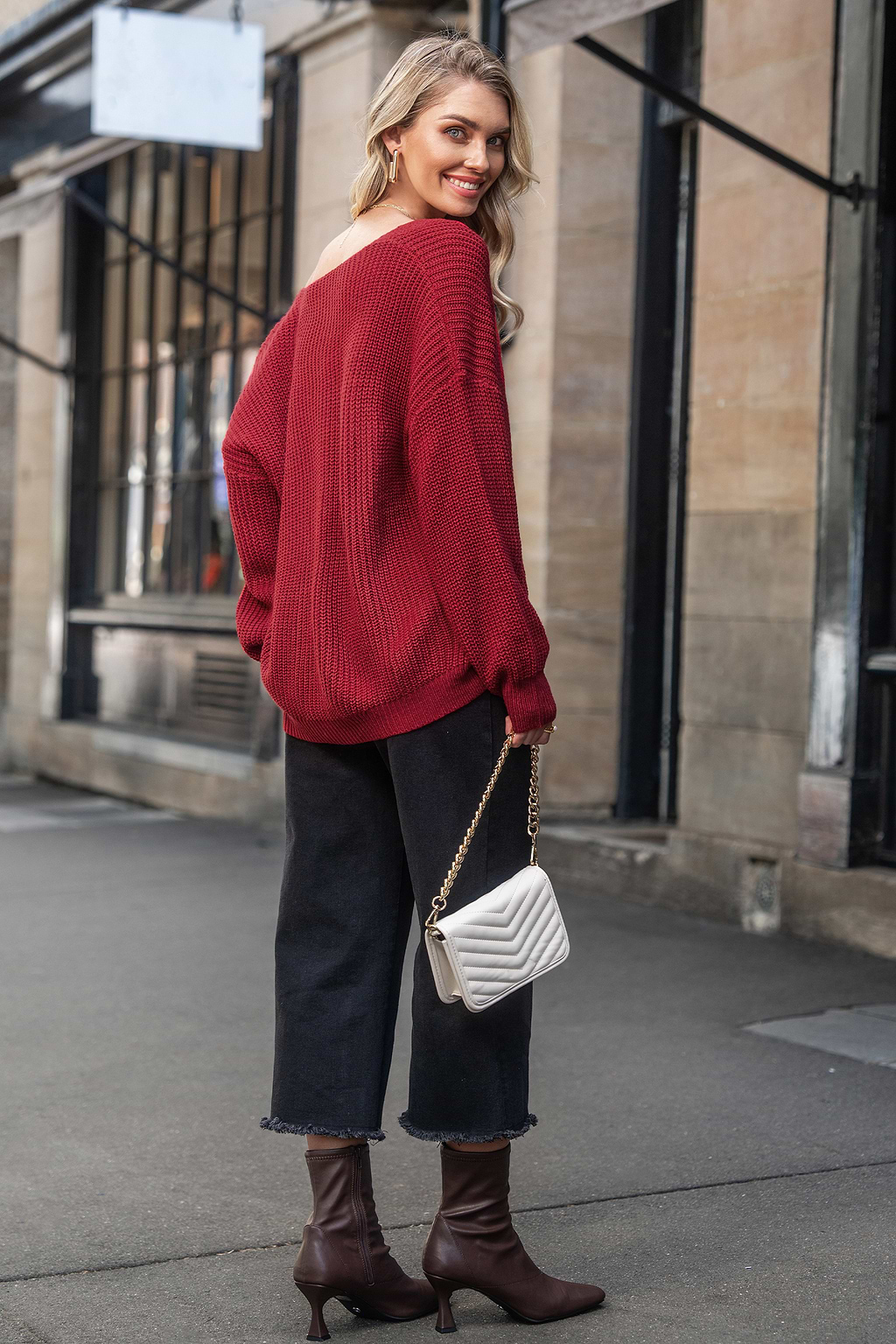 Red V-Neck Long Sleeve Braided Sweater