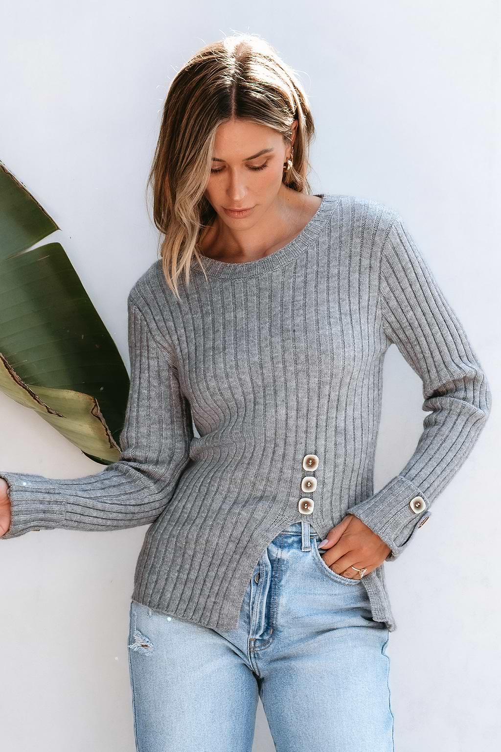 Grey Ribbed Knit Long Sleeve Split Hem Sweater Top