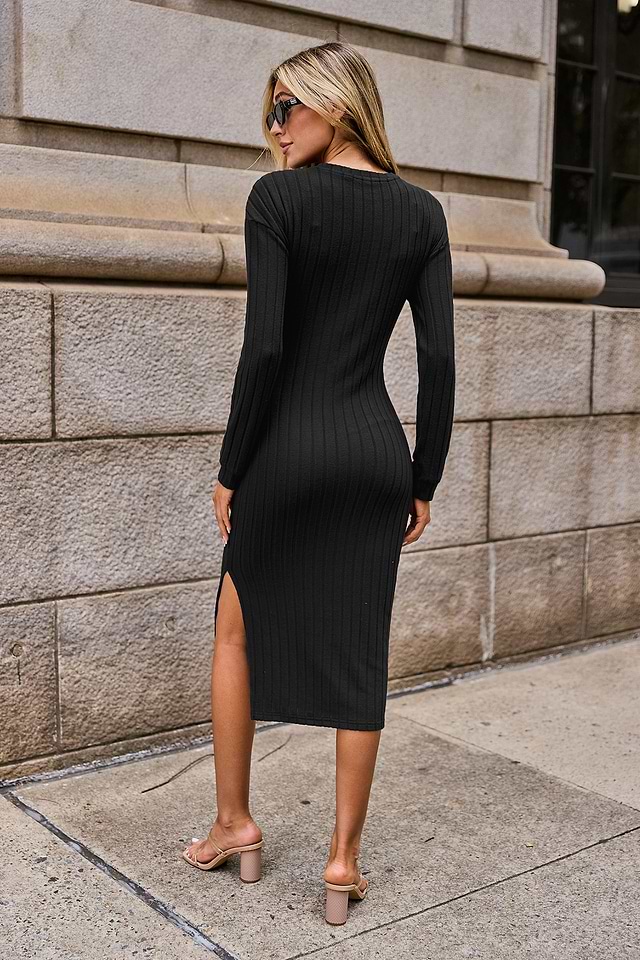 black knee length jersey dress Black Split Hem Midi Jersey Dress