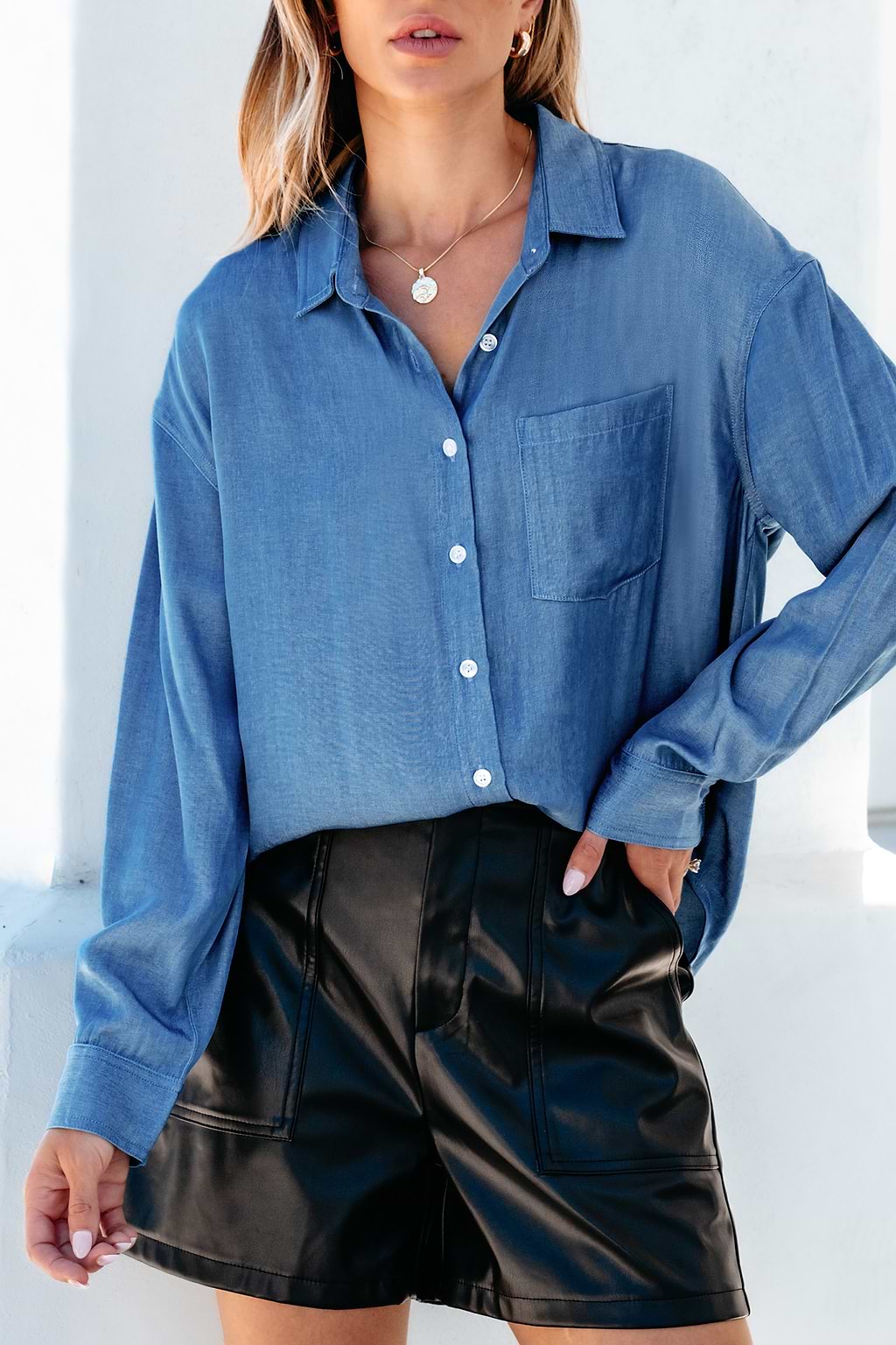 Blue Woven Collared Button Up Long Sleeve Top