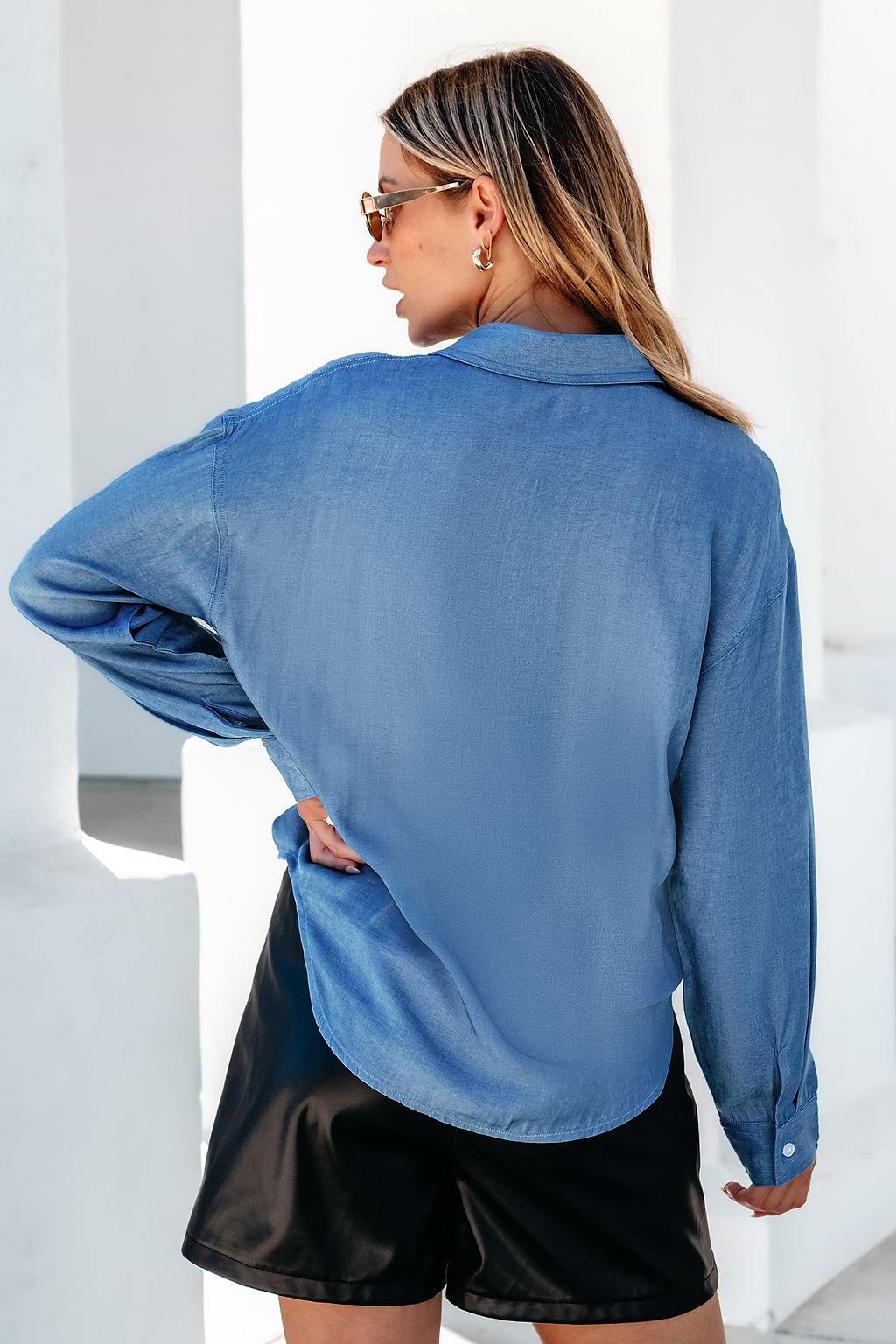 Blue Woven Collared Button Up Long Sleeve Top