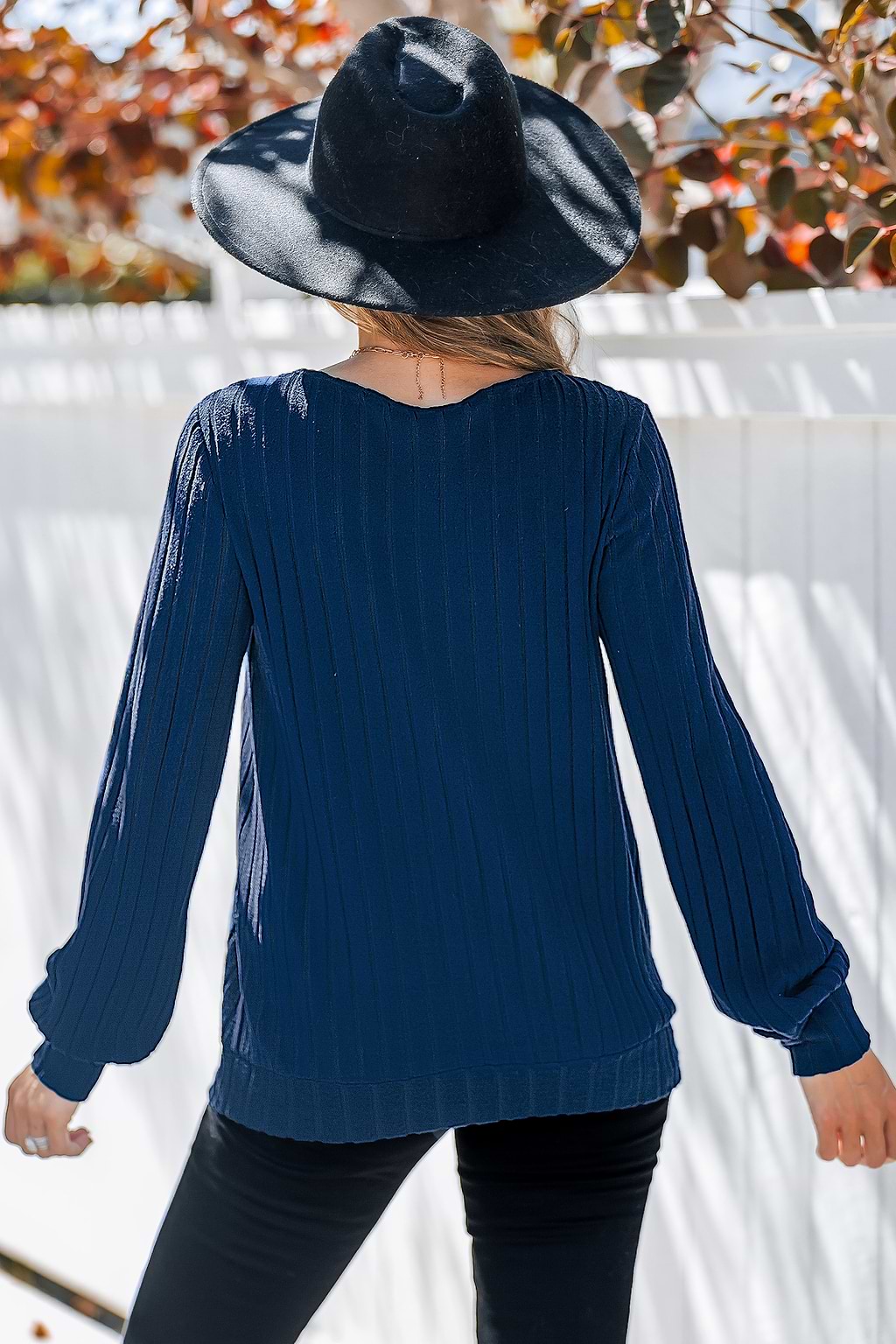 Cobalt Blue Ribbed Knit V-Neck Long Sleeve Top