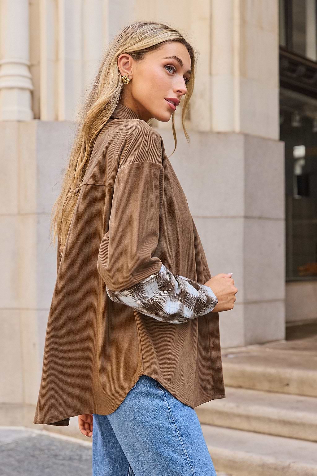 Brown & Plaid Patchwork Collared Button Up Shirt