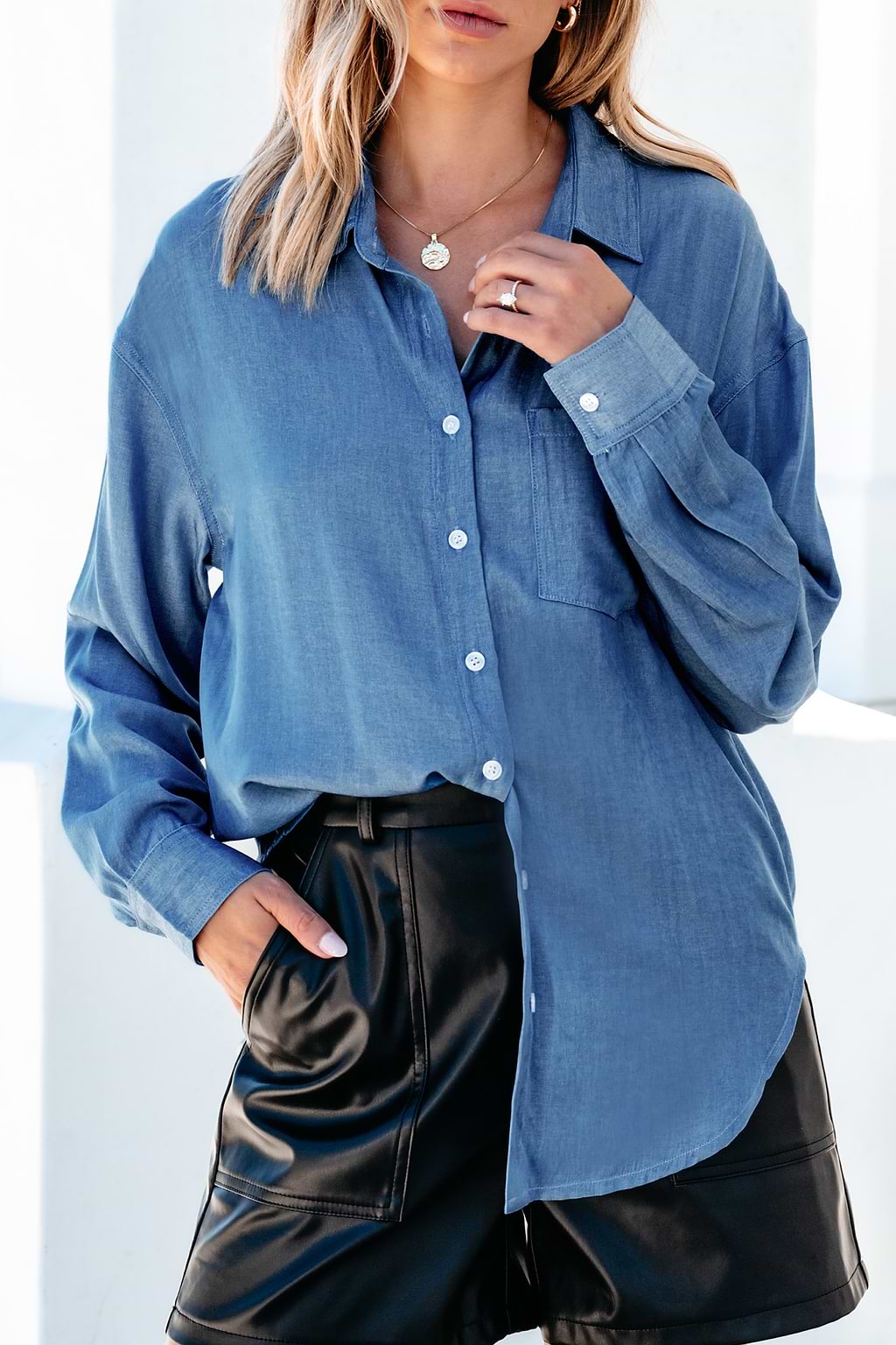 Blue Woven Collared Button Up Long Sleeve Top