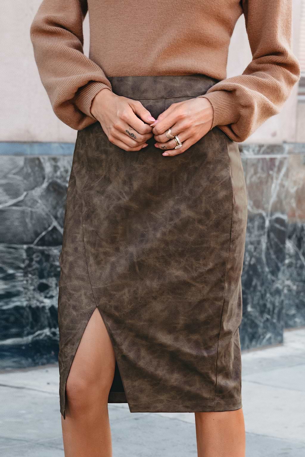 Brown Faux Leather Split Hem Midi Skirt