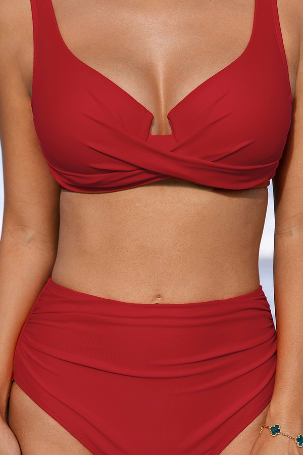 Red Wrapped Bikini Top & High-Rise Bottoms Set
