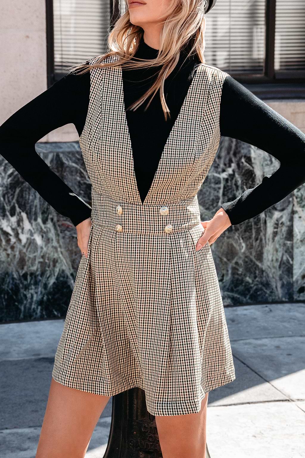 Gingham Plunging Sleeveless Mini Dress