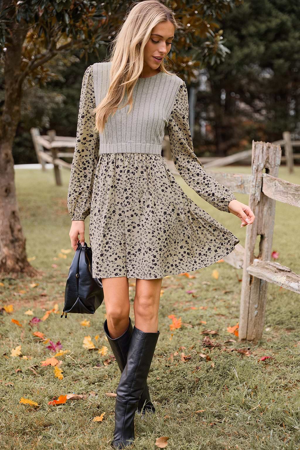 Khaki Floral Round Neck Blouson Sleeve Mini Dress