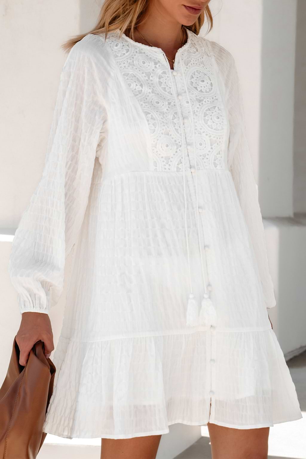 White Lace Tie Neck Blouson Sleeve Mini Dress