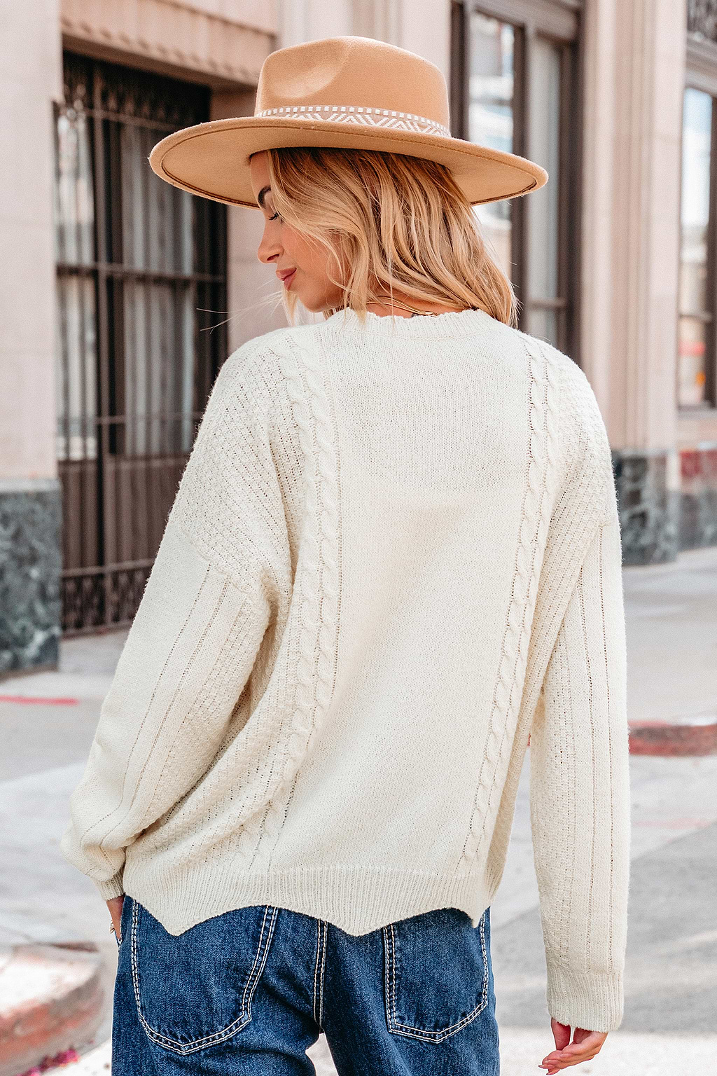 White Scalloped Round Neck Long Sleeve Sweater Top