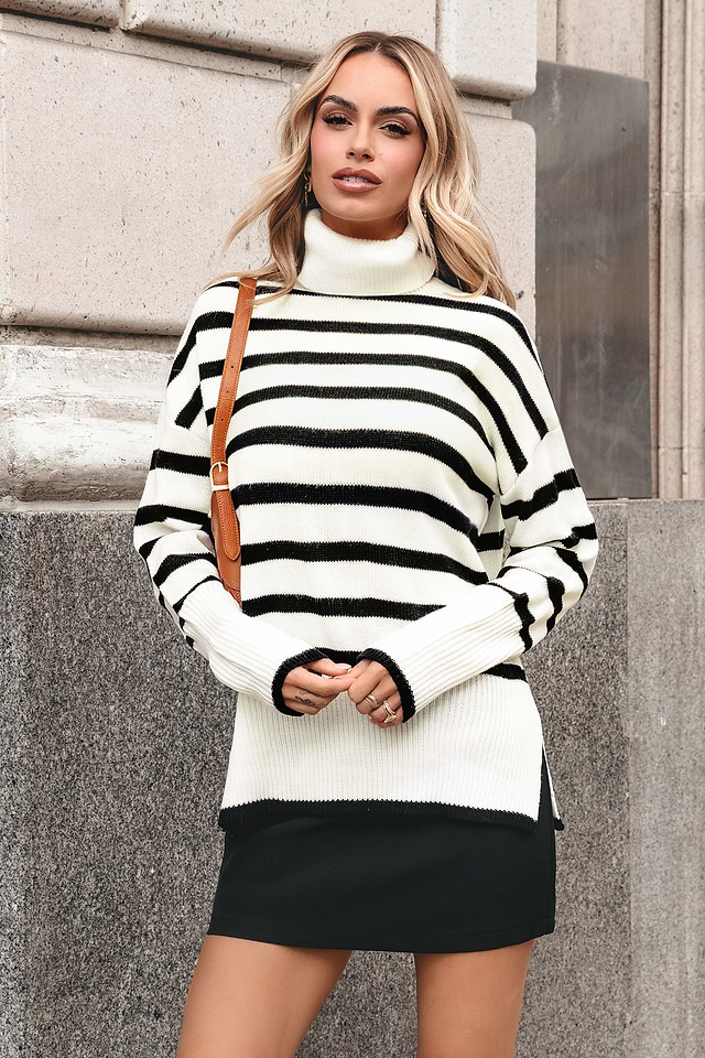Black White Stripe Long Sleeve Turtleneck Sweater