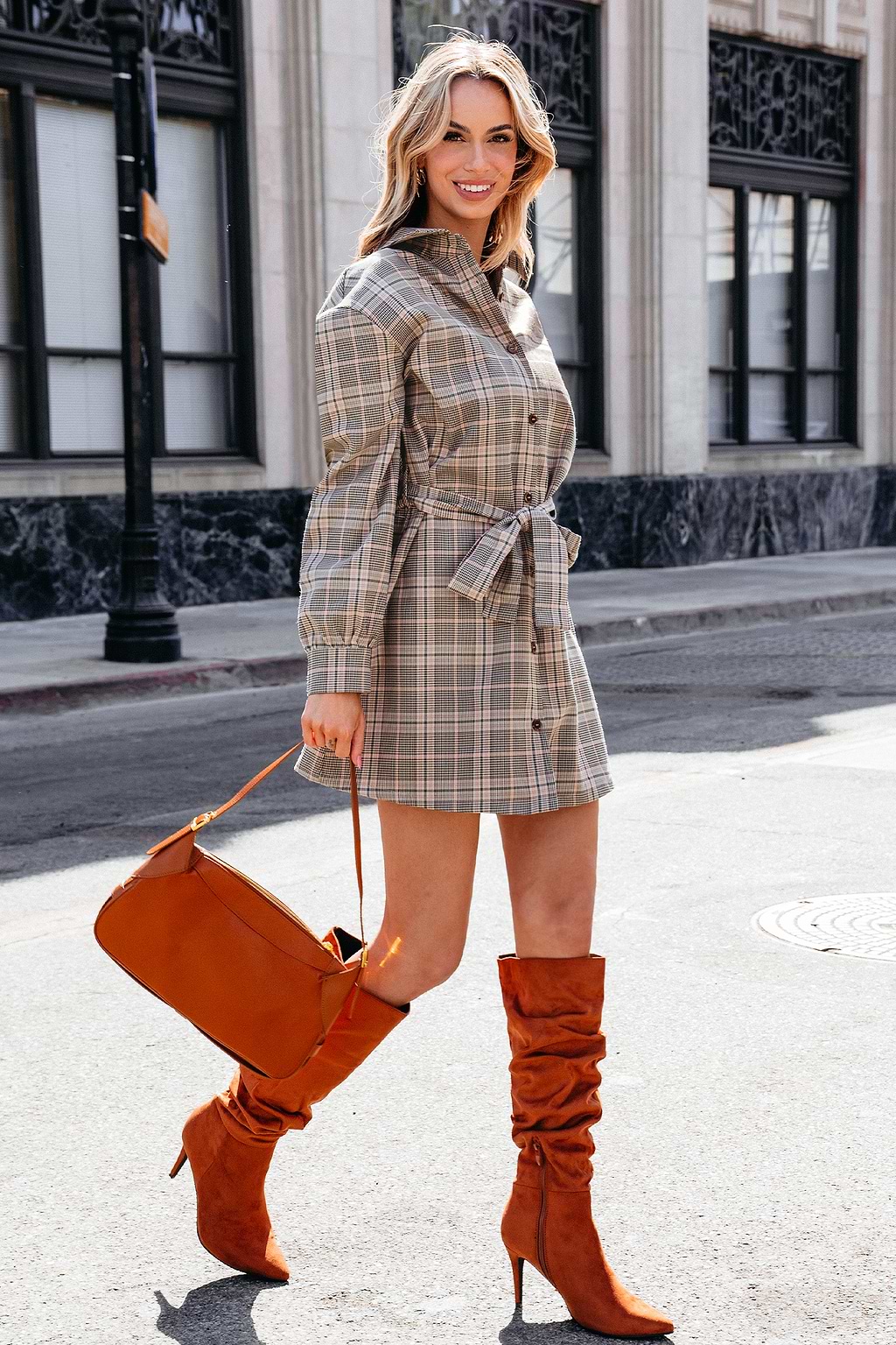 Taupe Plaid Collared Long Sleeve Mini Shirt Dress