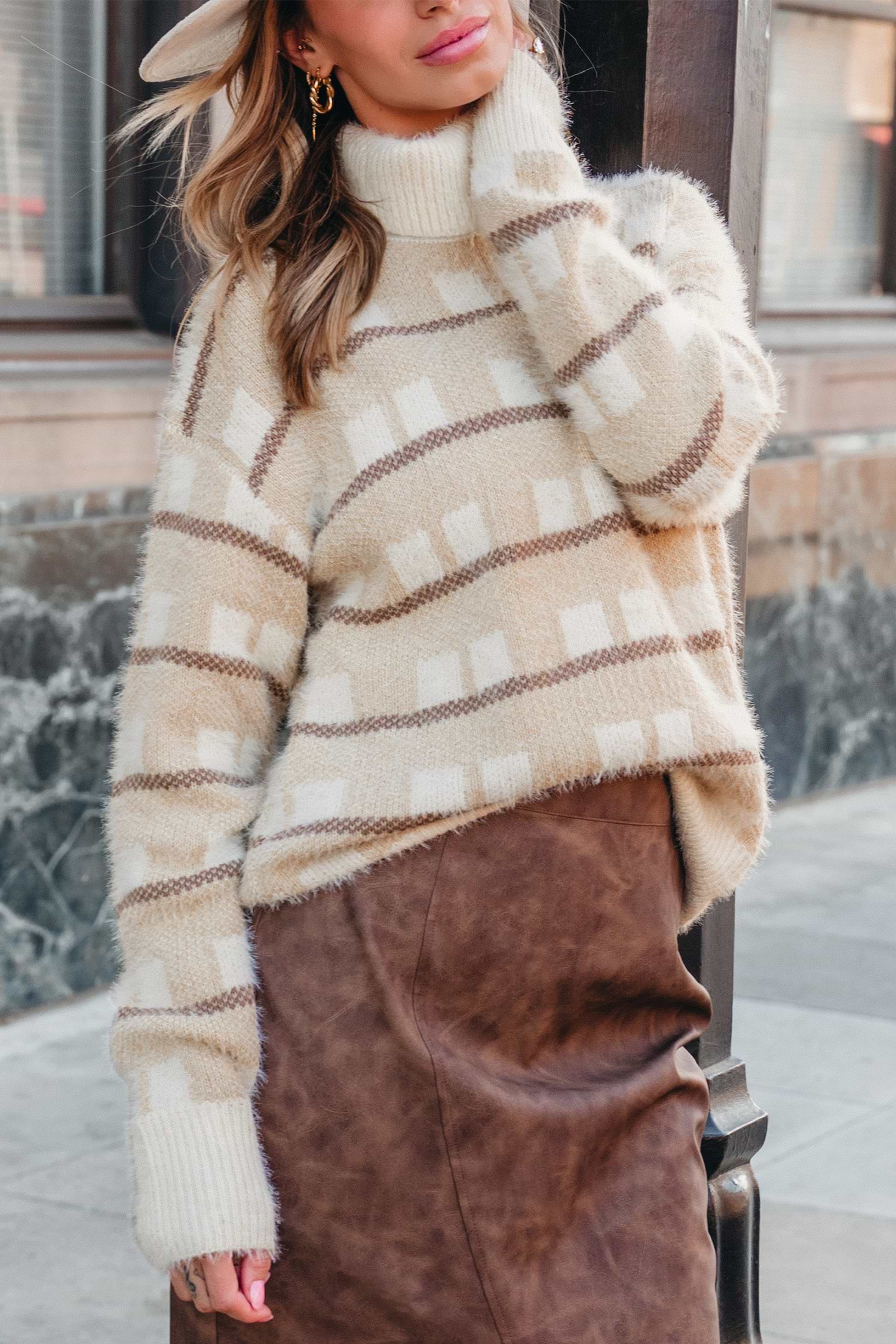 Neutral Geo Long Sleeve Turtleneck Sweater