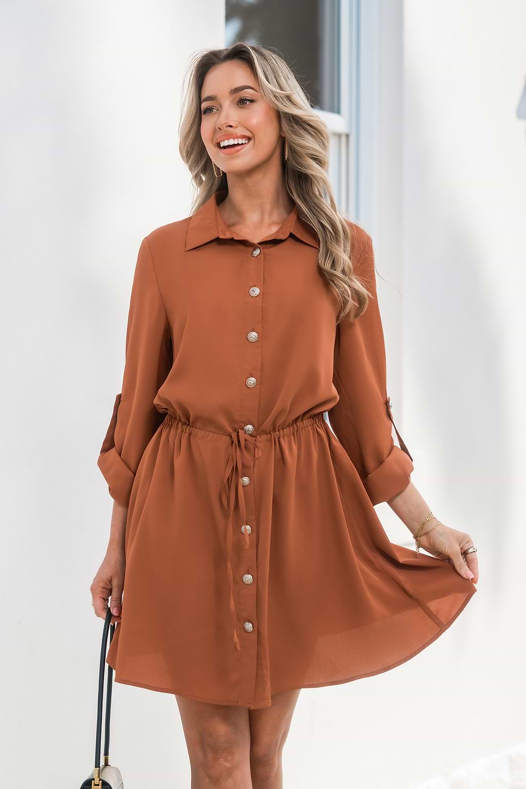 Brown Collared Long Sleeve Mini Dress