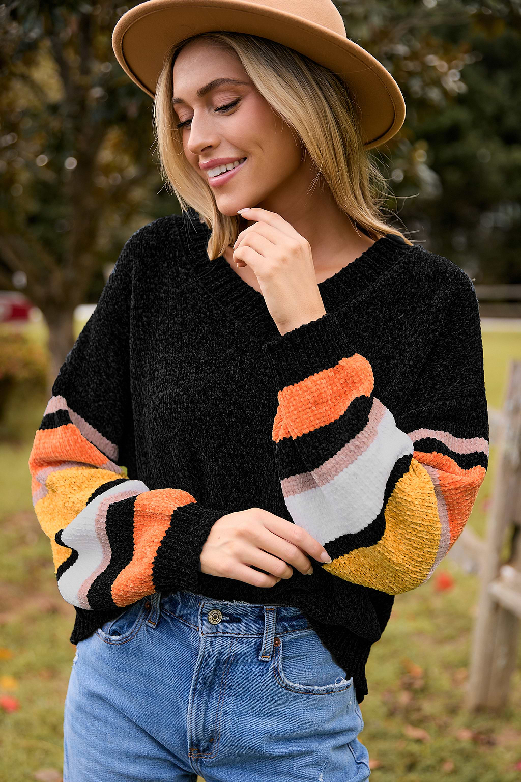 Black V-Neck Long Sleeve Candy Corn Sweater