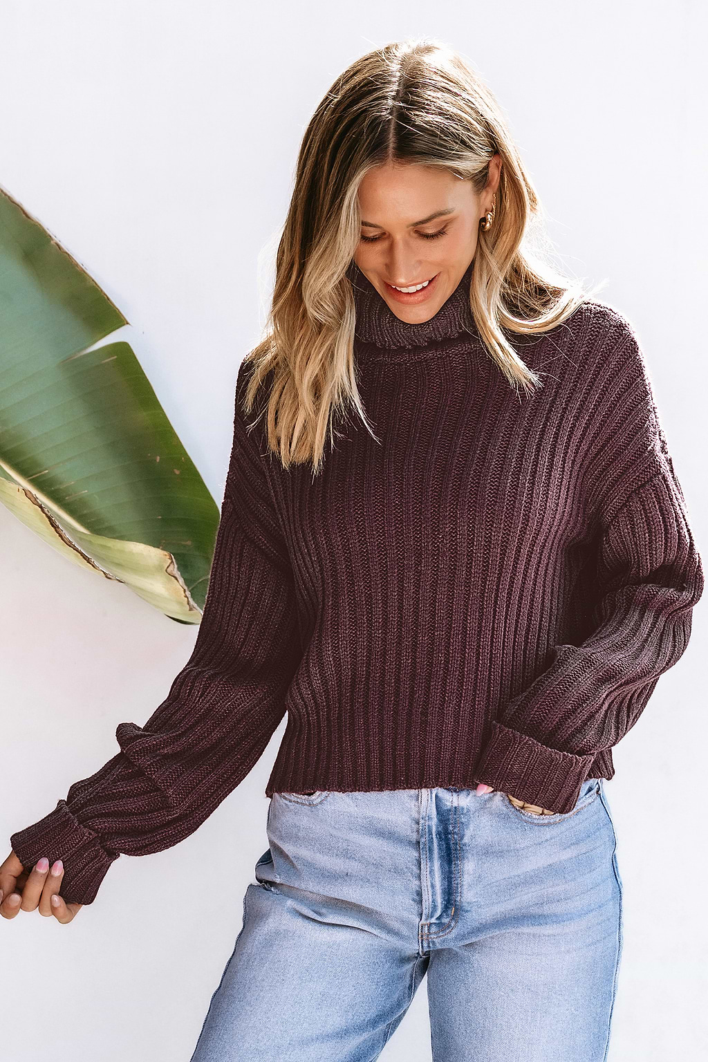 Plum Knit Drop Shoulder Long Sleeve Turtleneck Sweater