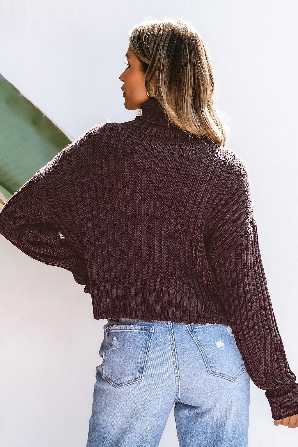 Plum Knit Drop Shoulder Long Sleeve Turtleneck Sweater