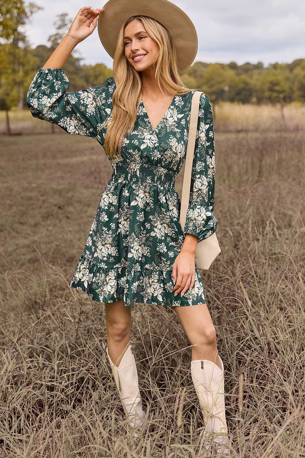 Green Floral Blouson Sleeve Smocked Waist Mini Dress