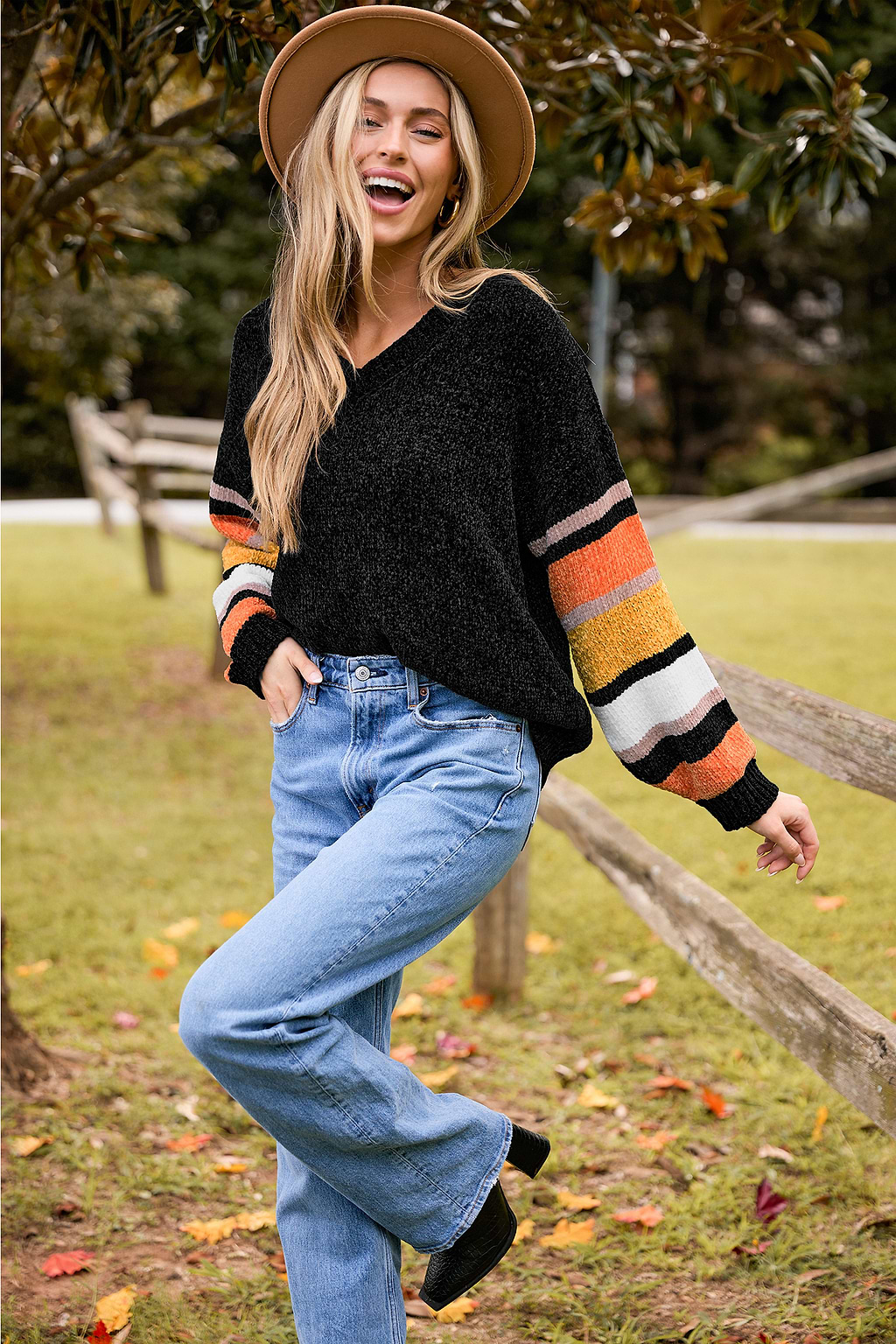 Black V-Neck Long Sleeve Candy Corn Sweater