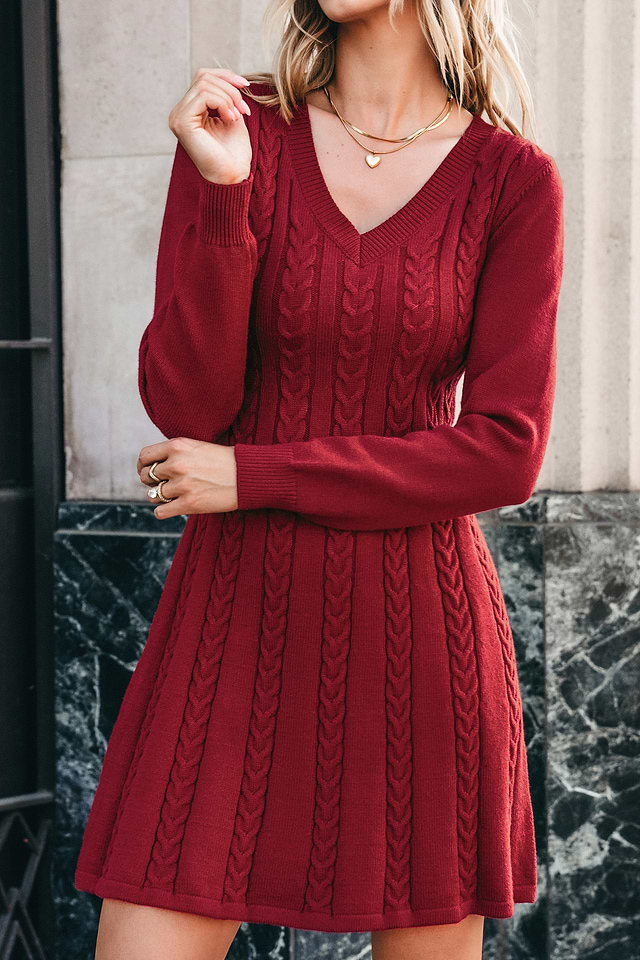 deep red sweater dress High Neck Raglan Sleeve Sweater Dress. Code/409