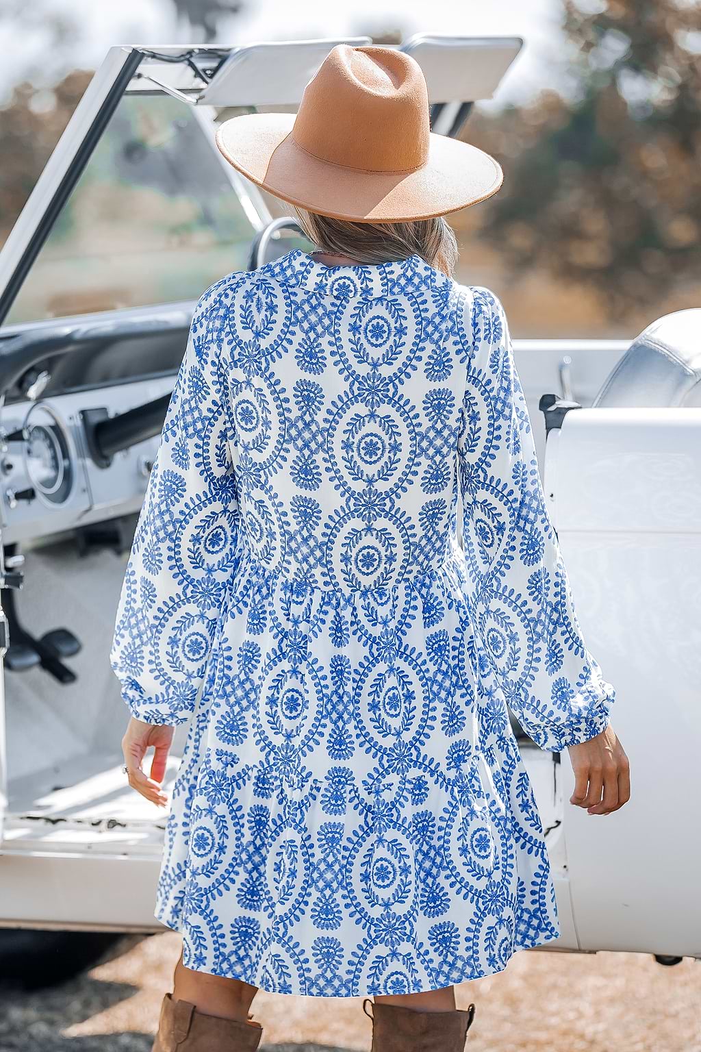 Blue Ornate Collared Long Sleeve Mini Dress