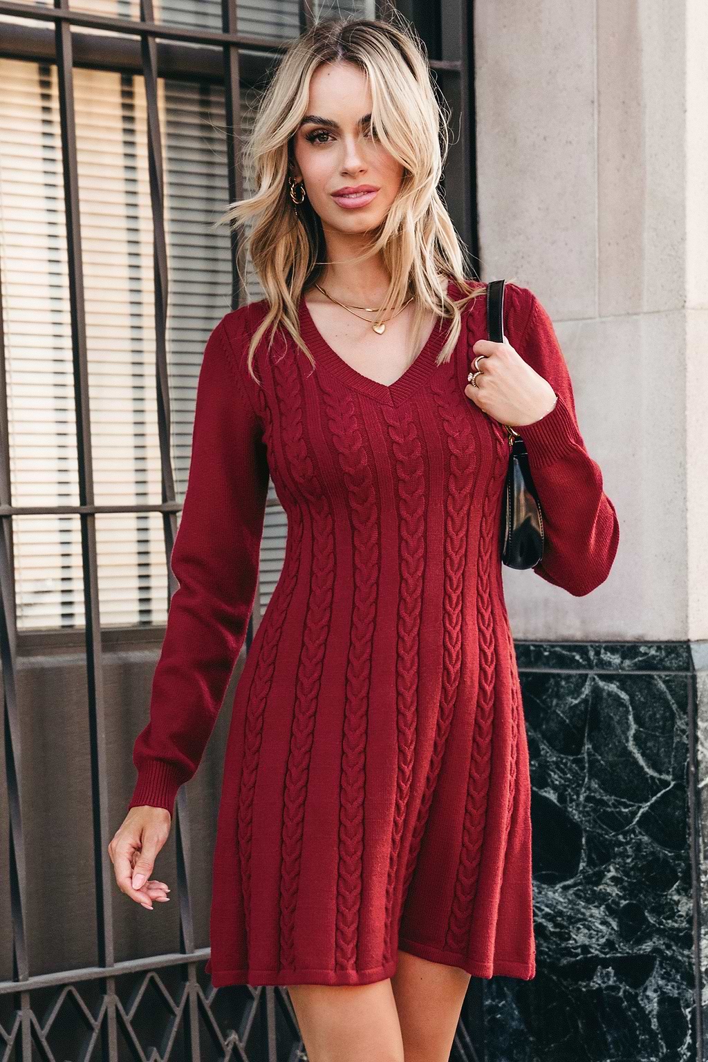 Red Cable Knit V-Neck Long Sleeve Mini Sweater Dress