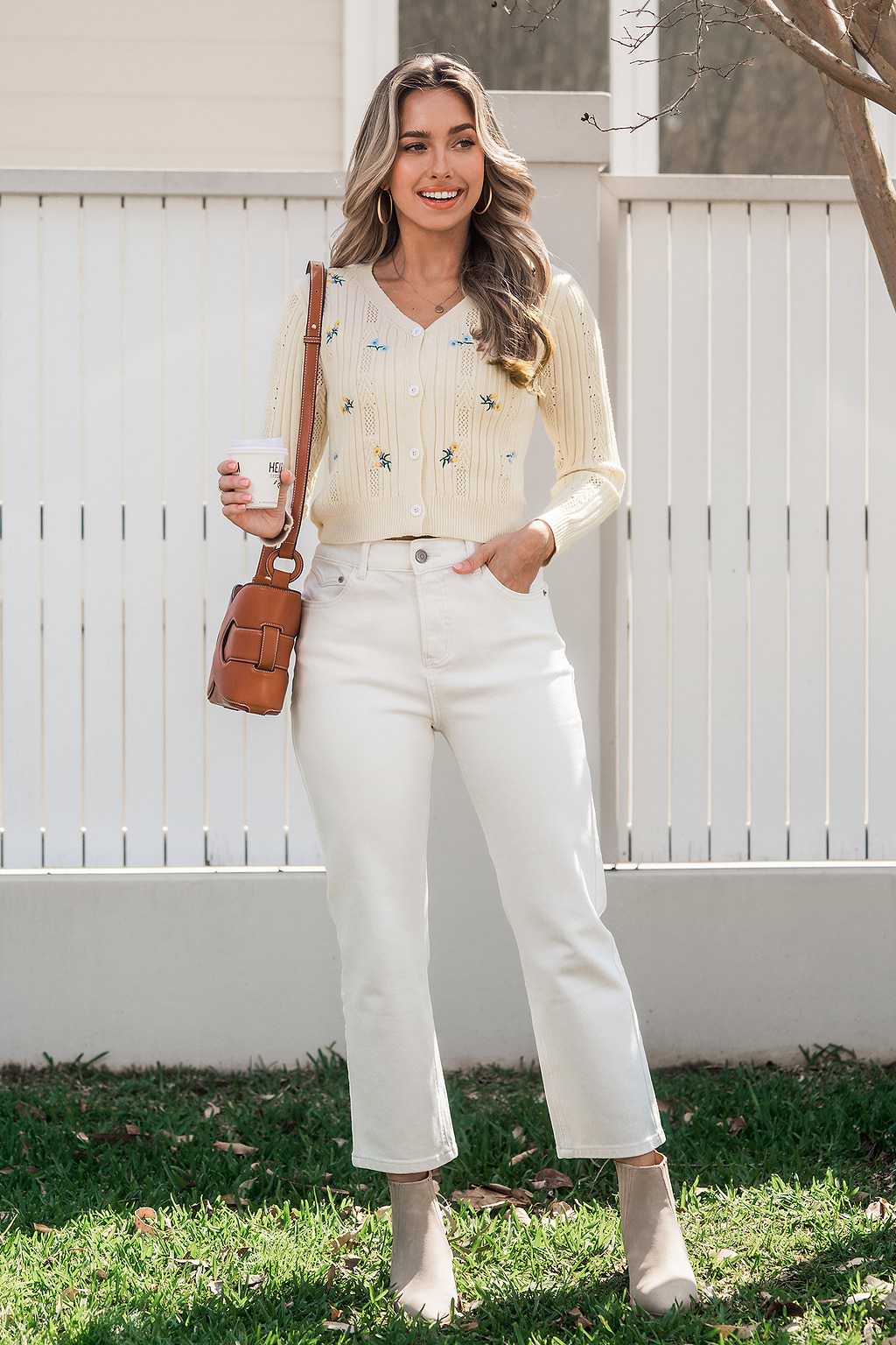 Apricot Cut-Out Embroidered Cropped Cardigan