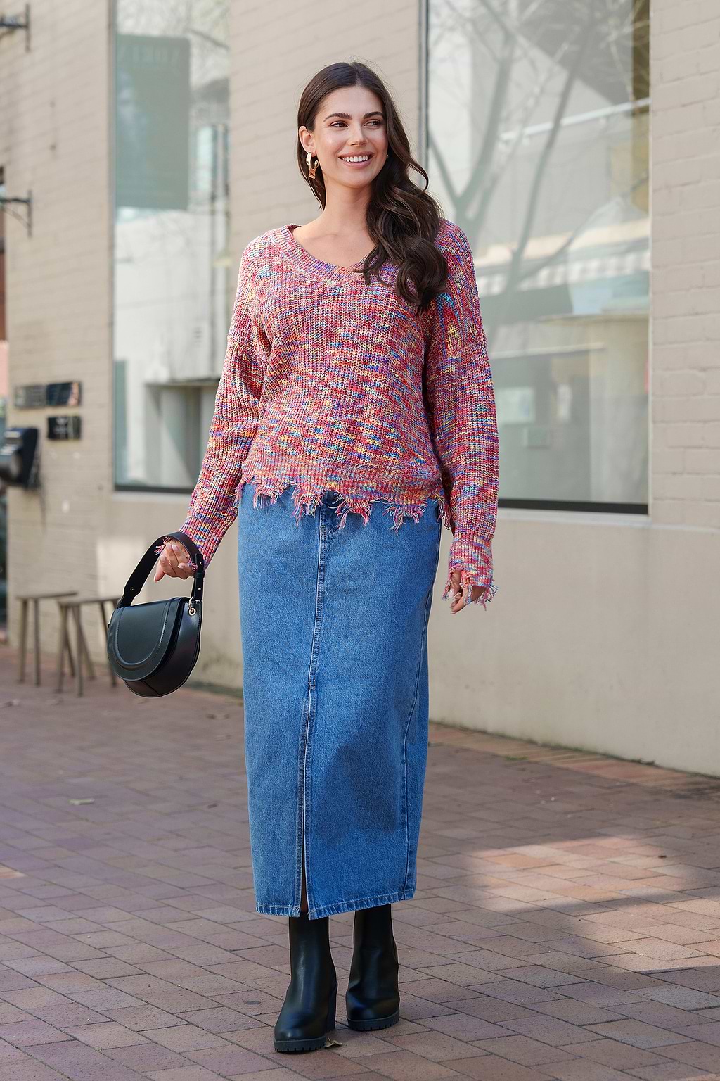 Ribbed V-Neck Fringe Sweater