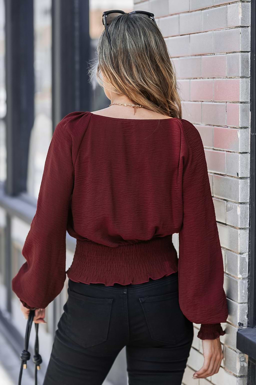 Red Blouson Sleeve Smocked Cropped Blouse