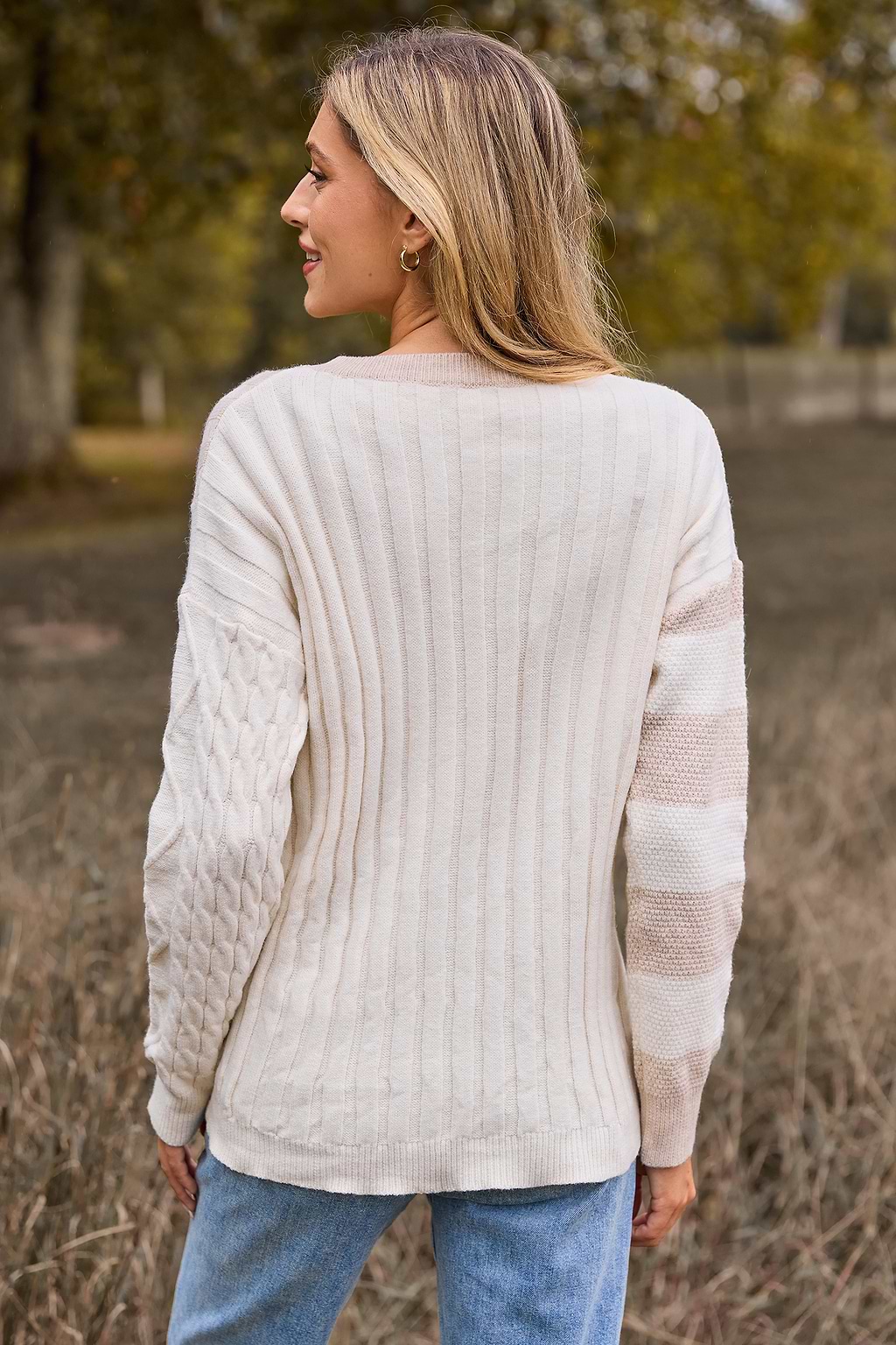 Round Neck Mixed Pattern Long Sleeve Sweater