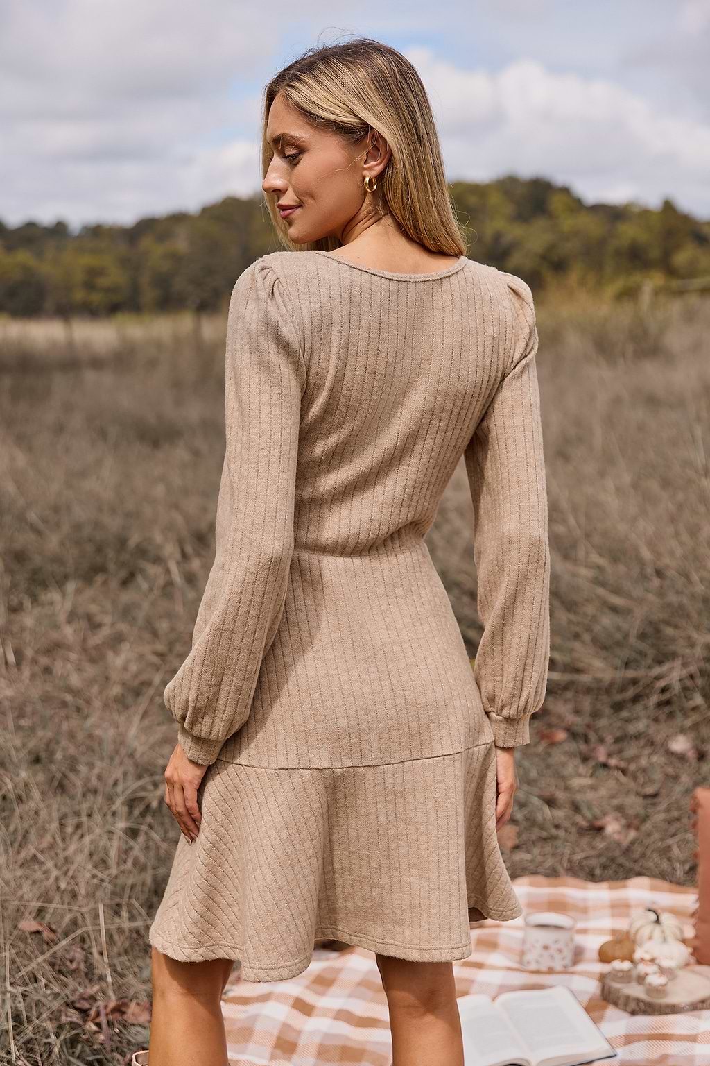 Beige Square Neck Puff Sleeve Mini Knit Dress