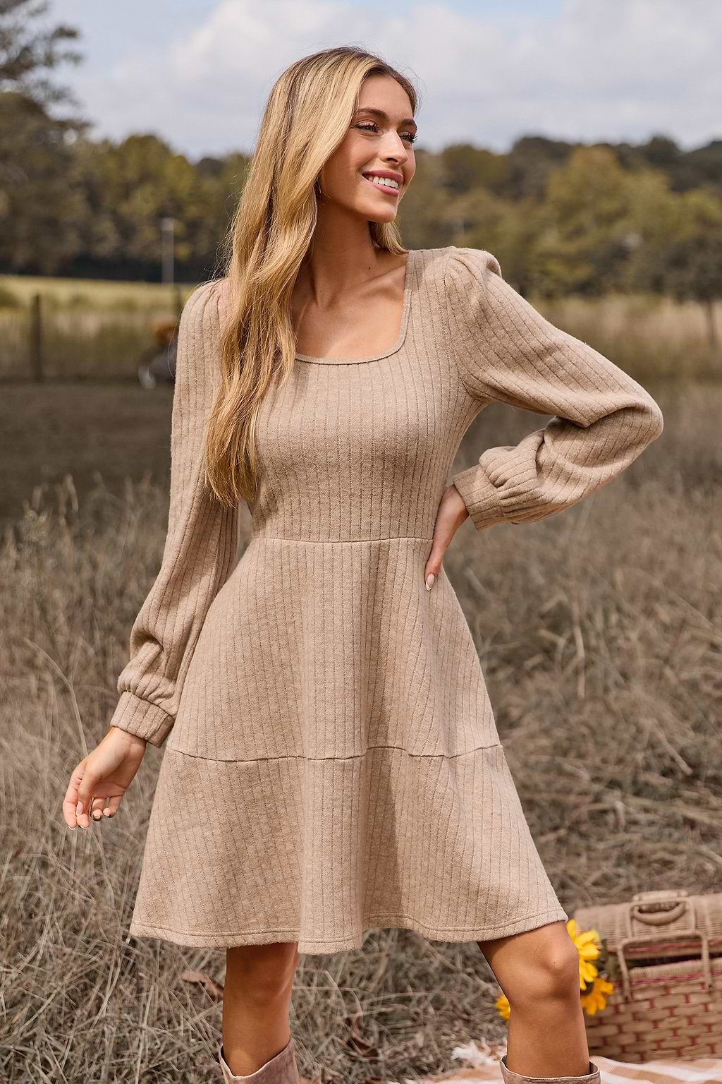 Beige Square Neck Puff Sleeve Mini Knit Dress